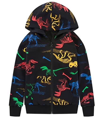 TLAENSON Boys Dinosaur Hoodies Zip Up Sweatshirts Kids Zipper Hooded Sweater Toddler Dino Clothes Black Size 120 / 4T-5T