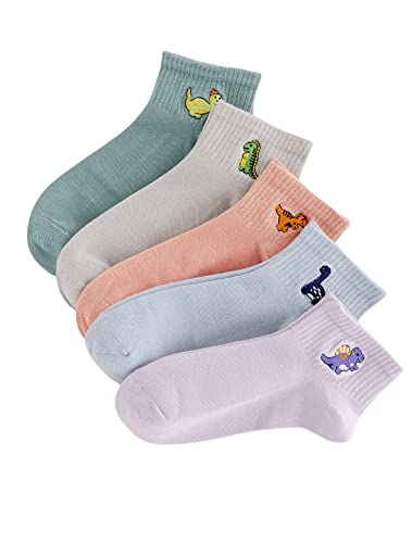 Verdusa Women's 5 Pairs Cute Embriodery Toe seamed Soft Crew Socks 5 Packs Dinosaur A one-size