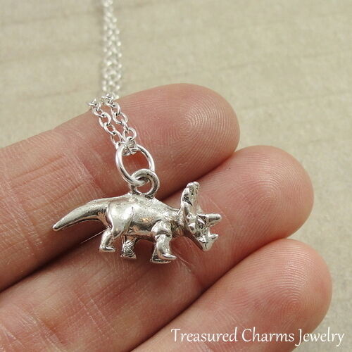Silver Triceratops Charm Necklace - Dino Jewelry