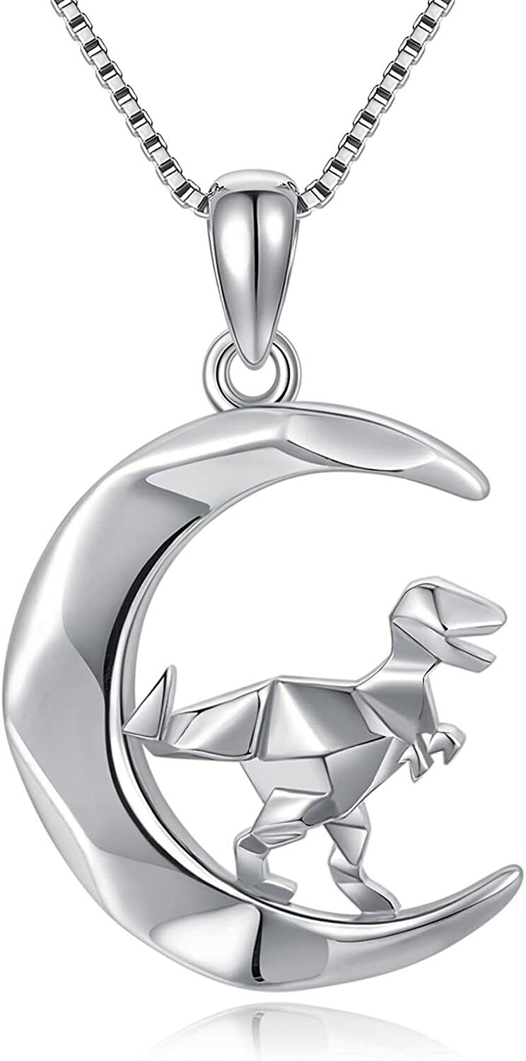 Origami Dinosaur Necklace Sterling Silver Crescent Moon Pendant Necklace Jewelry