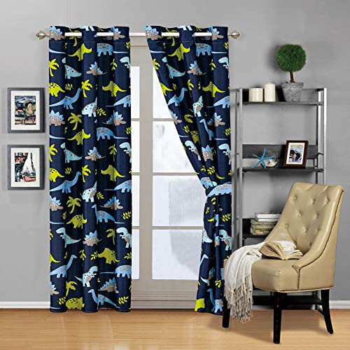 Blue Dinosaur Linen Curtain Set for Teens