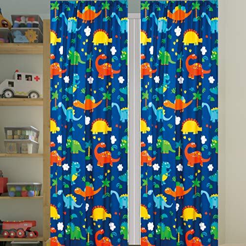 Dinosaur Printed Kids Window Curtain Panels with Tiebacks