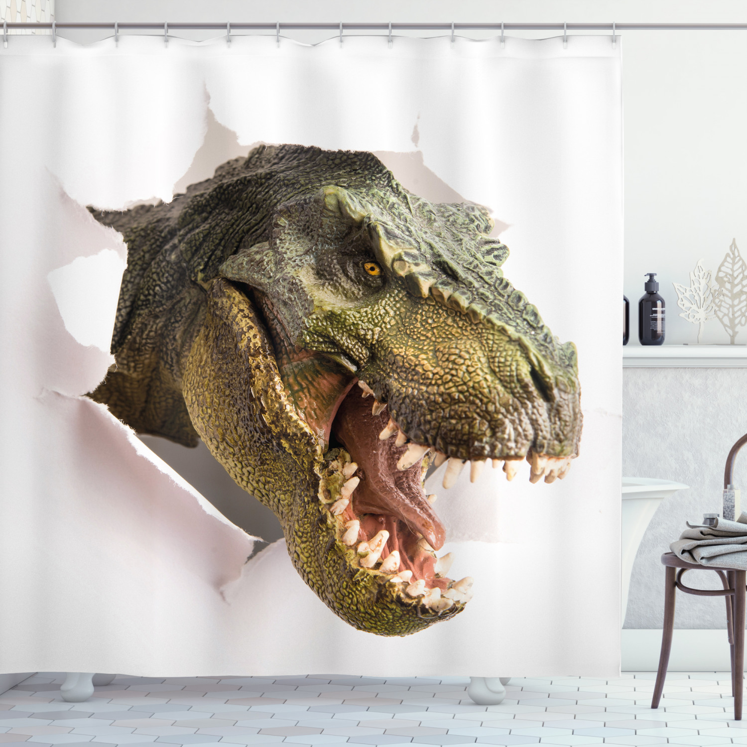 Dinosaur Shower Curtain Dino Tears Up Paper Print for Bathroom