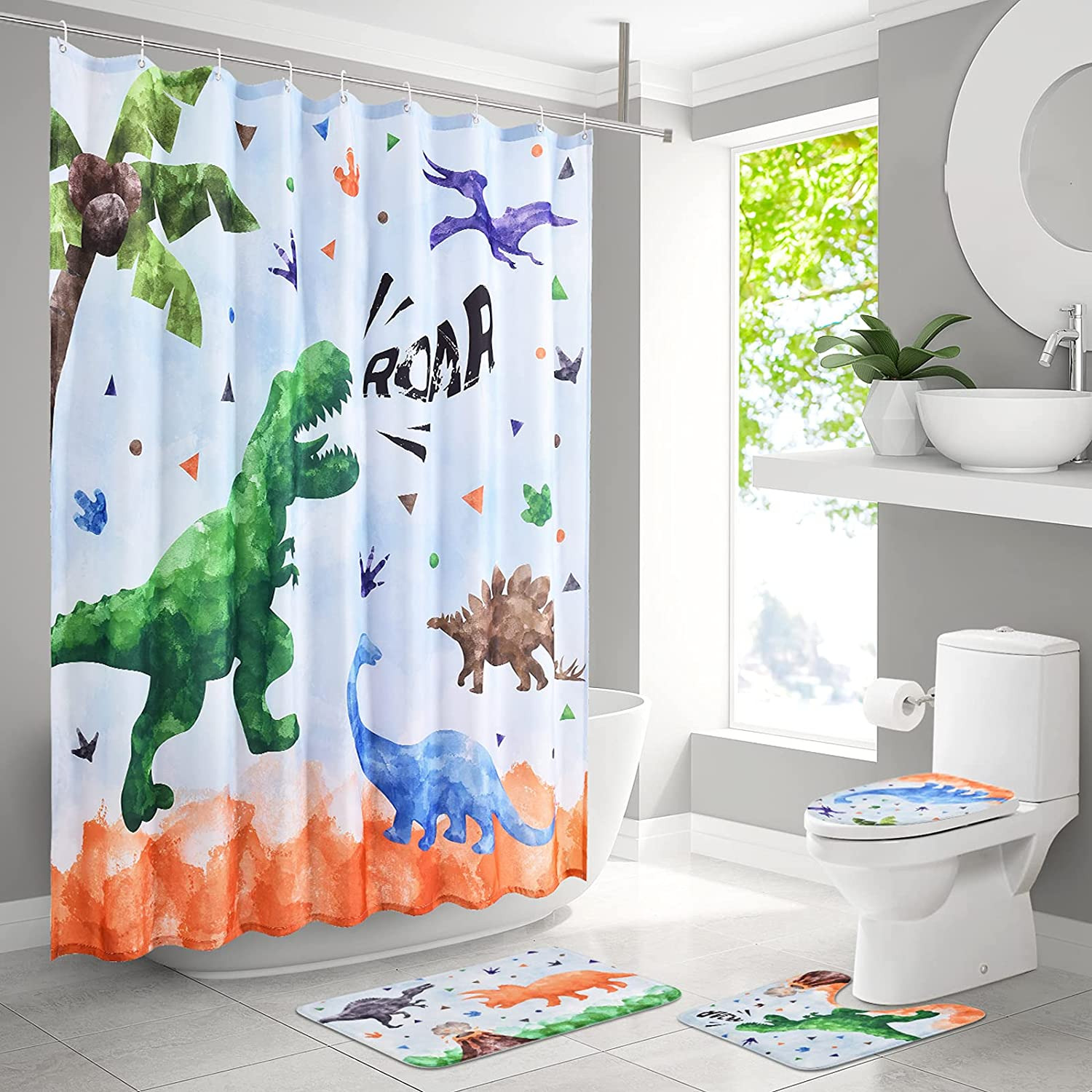 Dinosaur Shower Curtain Sets with Non-Slip Rugs - 4 Piece Bathroom Sets with Rug