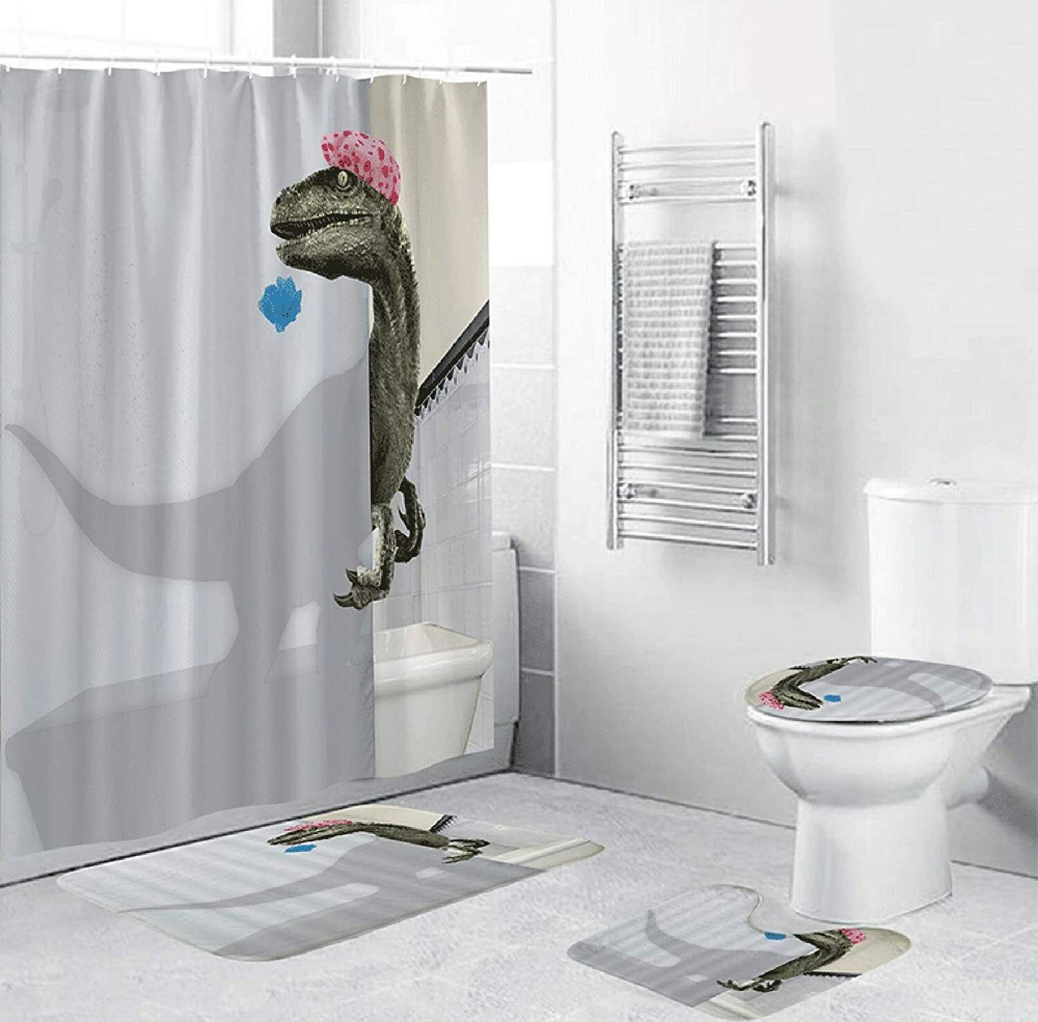 4Pcs Dinosaur Shower Curtain Set with Non-Slip Rug Toilet Lid Cover and Bath Mat