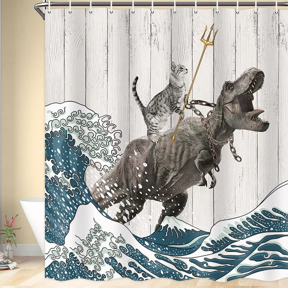 Dino Cat Shower Curtain Decoration