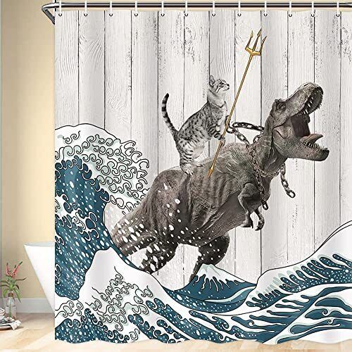 Funny Cat Shower Curtain Cool Cat Dinosaur Japanese Ocean Wave Decor Fabric B...