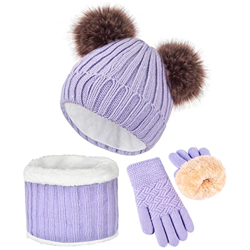 Girls Winter Hat Scarf Gloves Set with Pom Poms