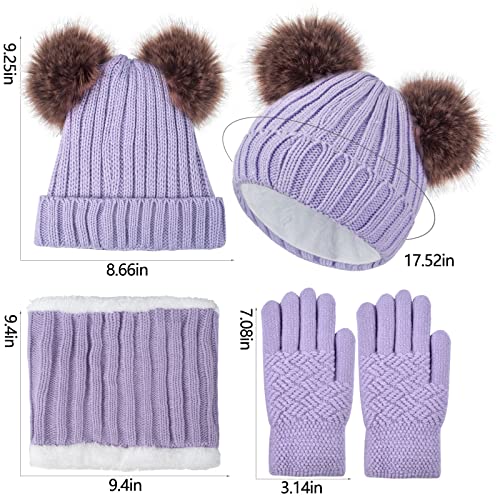 Girls Winter Hat Scarf Gloves Set with Pom Poms