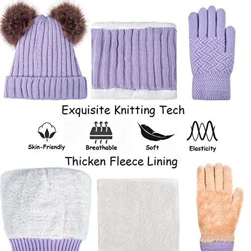 Girls Winter Hat Scarf Gloves Set with Pom Poms