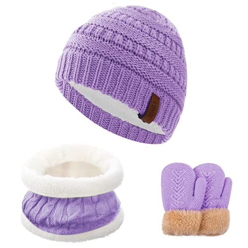 Purple Winter Hat, Scarf, Gloves Set for Kids