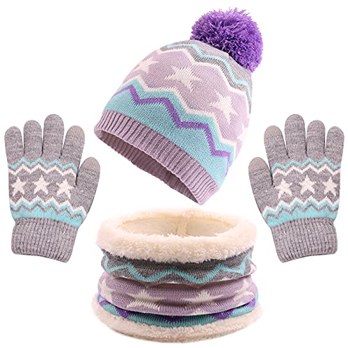 Purple Winter Hat Scarf Gloves Set for Kids