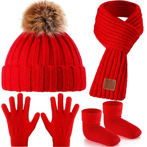 Kids Winter Knit Hat Scarf Gloves Socks Set