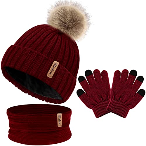 Cozy Kids Knitted Hat Gloves Scarf Set, Wine_RED