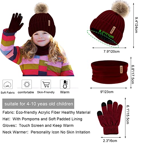 Cozy Kids Knitted Hat Gloves Scarf Set, Wine_RED