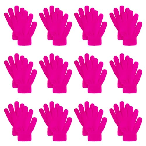 12 Pairs Kids Knit Winter Gloves in Hot Pink