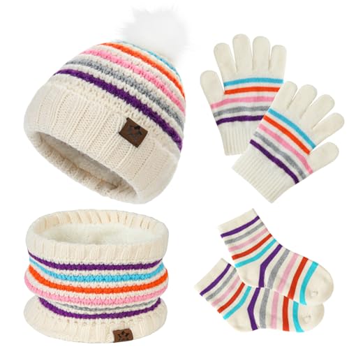 Winter Warm Kids Hat Gloves Scarf Set Rainbow White