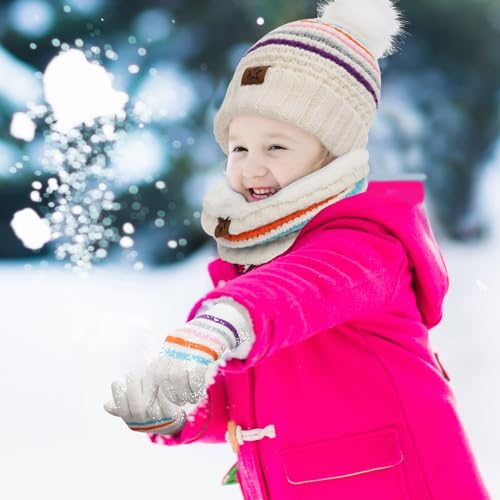 Winter Warm Kids Hat Gloves Scarf Set Rainbow White