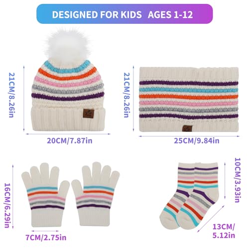 Winter Warm Kids Hat Gloves Scarf Set Rainbow White