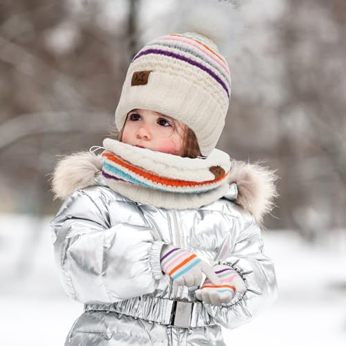 Winter Warm Kids Hat Gloves Scarf Set Rainbow White