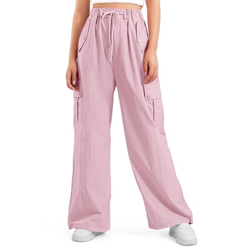 Girls' Lightweight Wide Leg Parachute Pants, Pink Kids Travel
