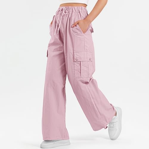 Girls' Lightweight Wide Leg Parachute Pants, Pink Kids Travel