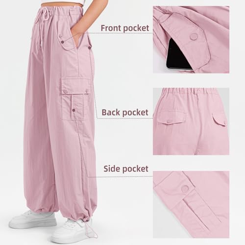 Girls' Lightweight Wide Leg Parachute Pants, Pink Kids Travel