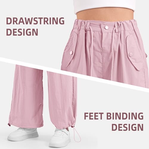 Girls' Lightweight Wide Leg Parachute Pants, Pink Kids Travel