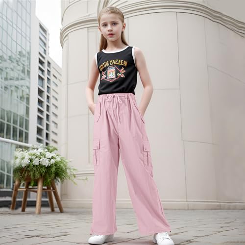 Girls' Lightweight Wide Leg Parachute Pants, Pink Kids Travel