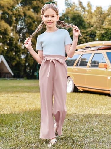 Girls Pink High-Waisted Wide Leg Travel Pants
