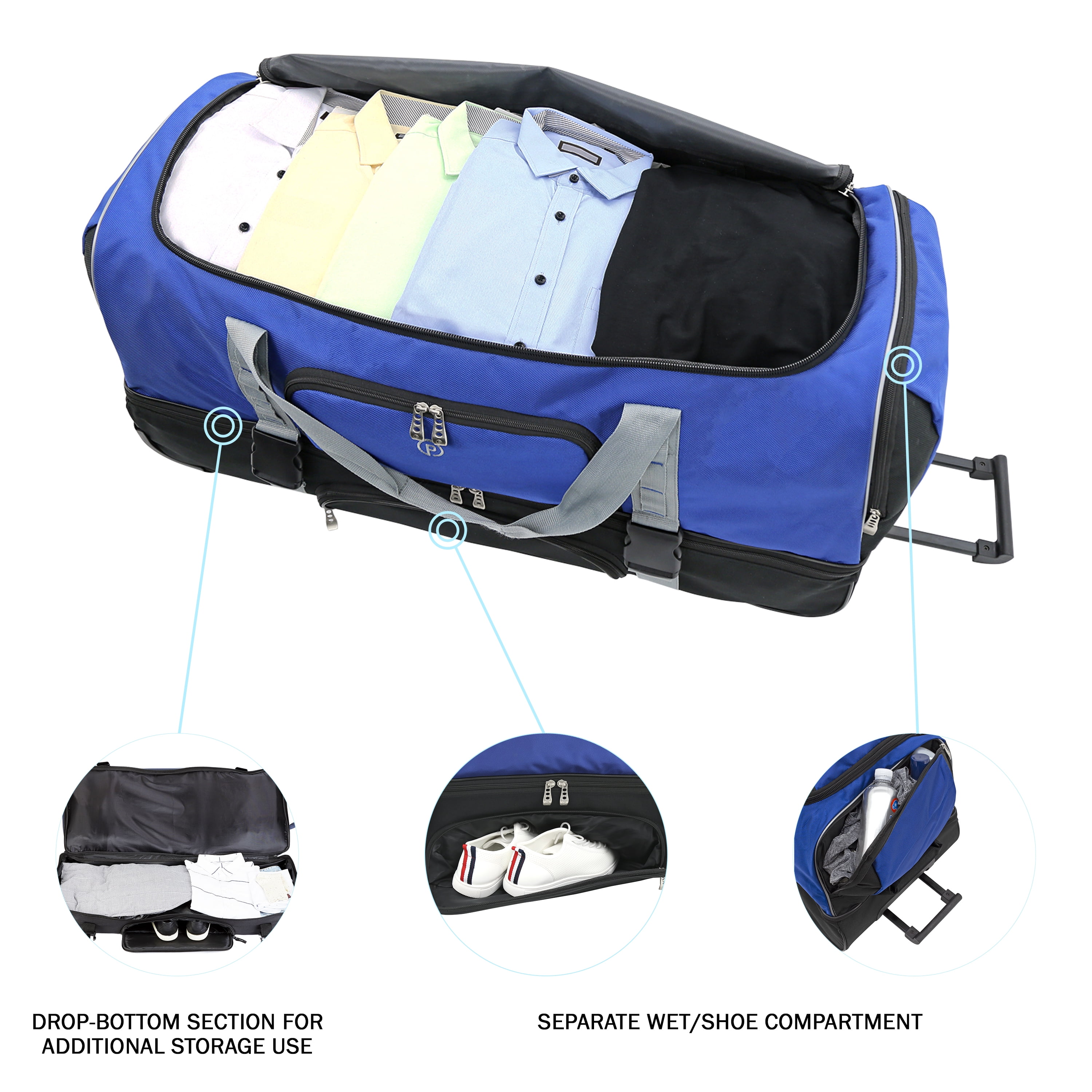 PROTEGE 36" DROP-BOTTOM ROLLING DUFFEL - BLUE W/ BLACK