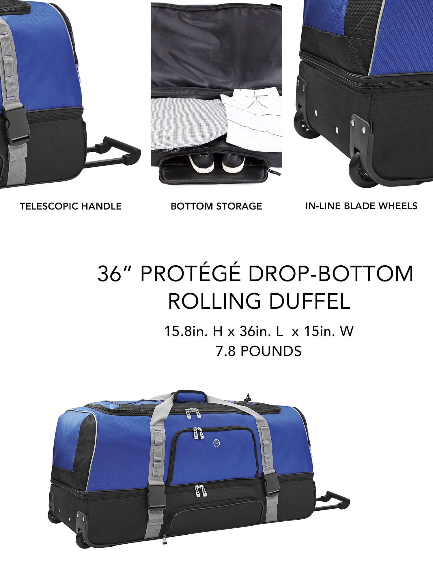 PROTEGE 36" DROP-BOTTOM ROLLING DUFFEL - BLUE W/ BLACK
