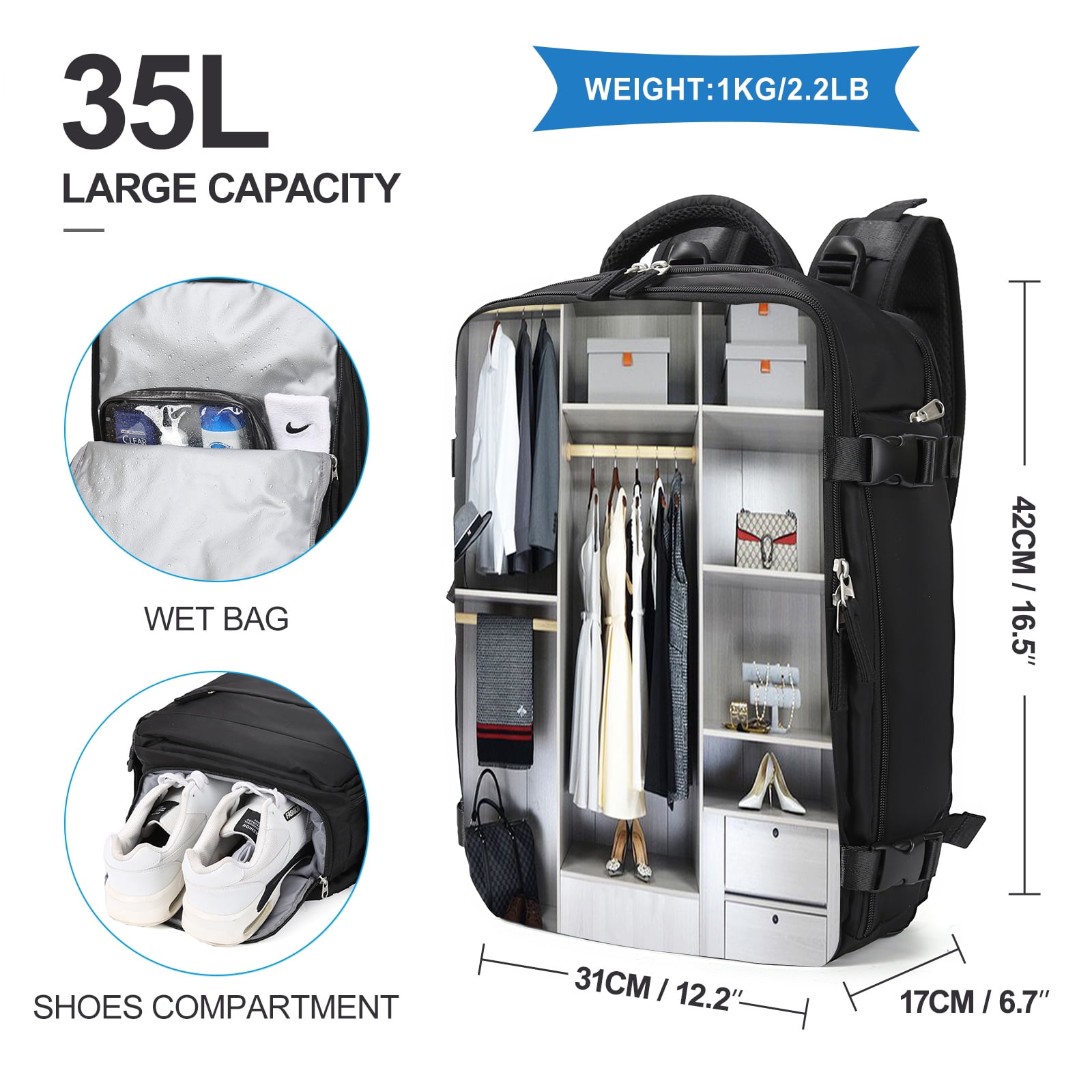 Waterproof Women's Hiking Backpack - Black