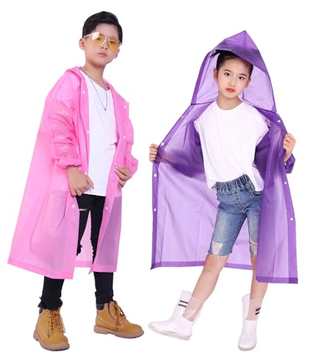 Makonus Kids 2 Pack Reusable Rain Ponchos, Purple/Pink