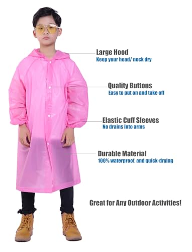 Makonus Kids 2 Pack Reusable Rain Ponchos, Purple/Pink