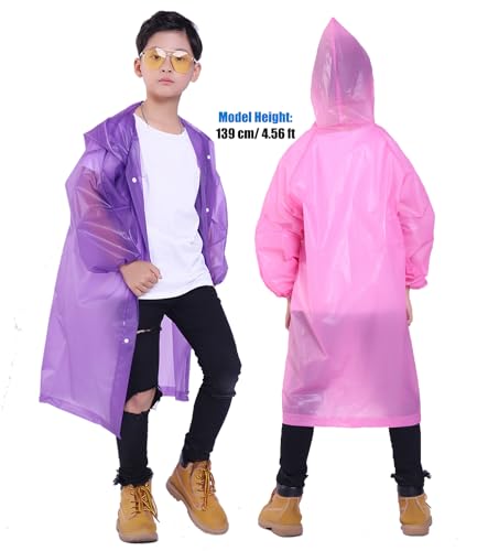 Makonus Kids 2 Pack Reusable Rain Ponchos, Purple/Pink