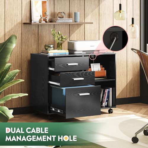 Black 3-drawer mobile file cabinet with shelves