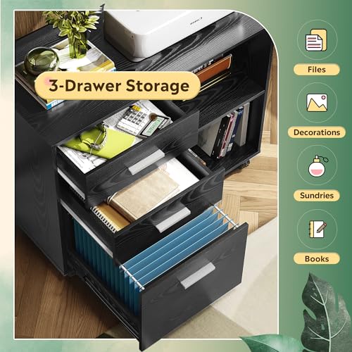 Black 3-drawer mobile file cabinet with shelves
