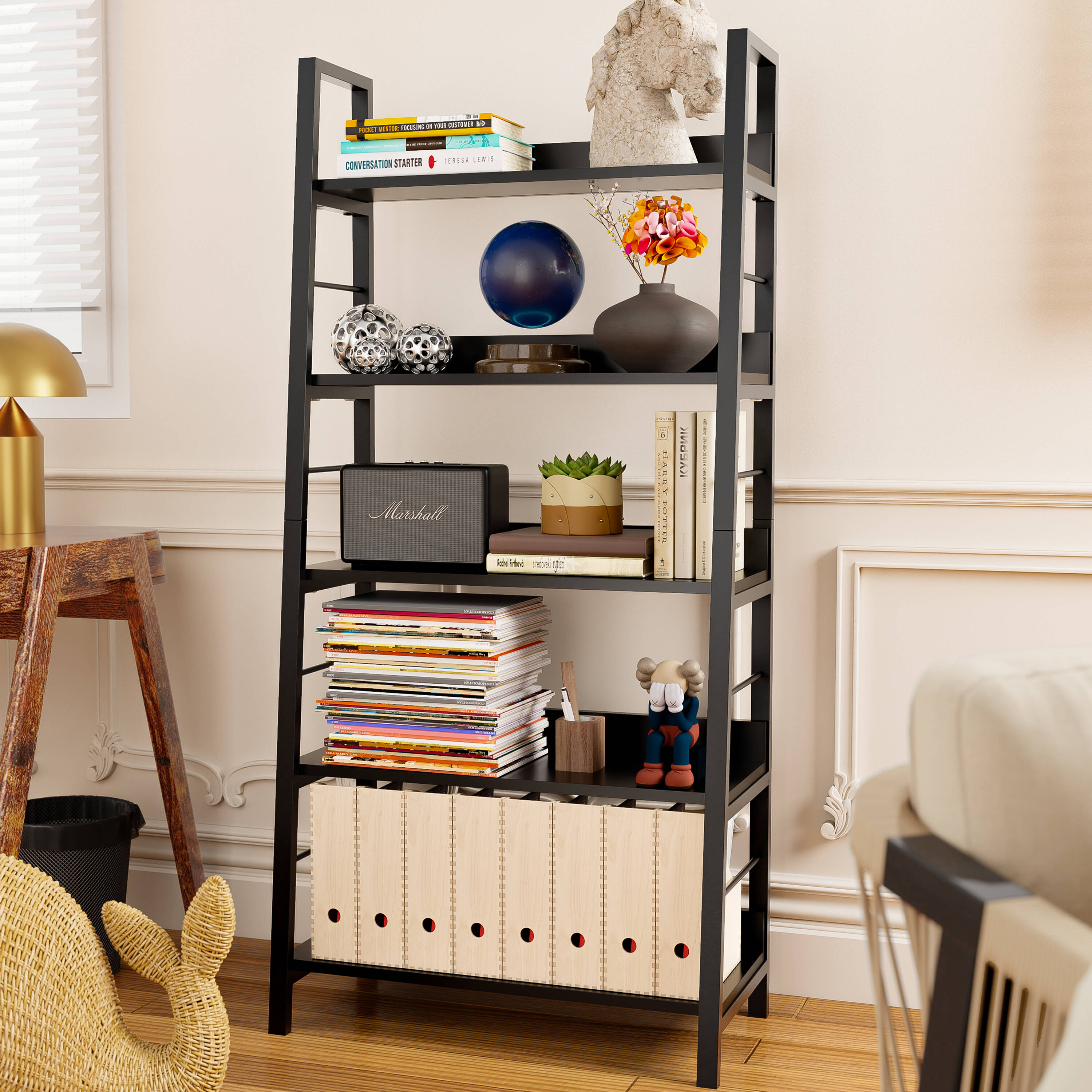 5-Tier Black Ladder Bookshelf for Home Office