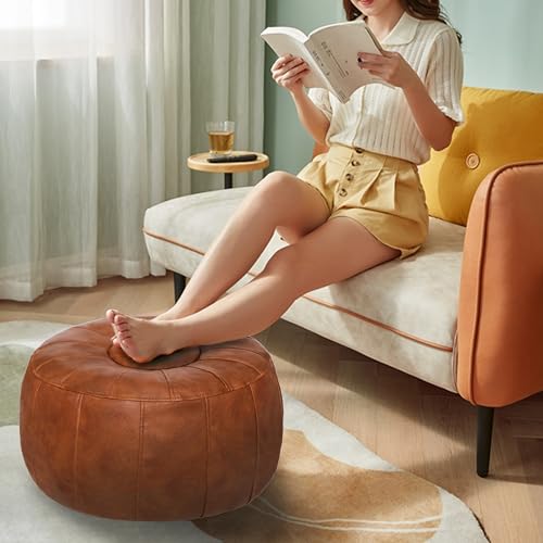 Handmade Moroccan Round Pouf Ottoman Seat - Brown