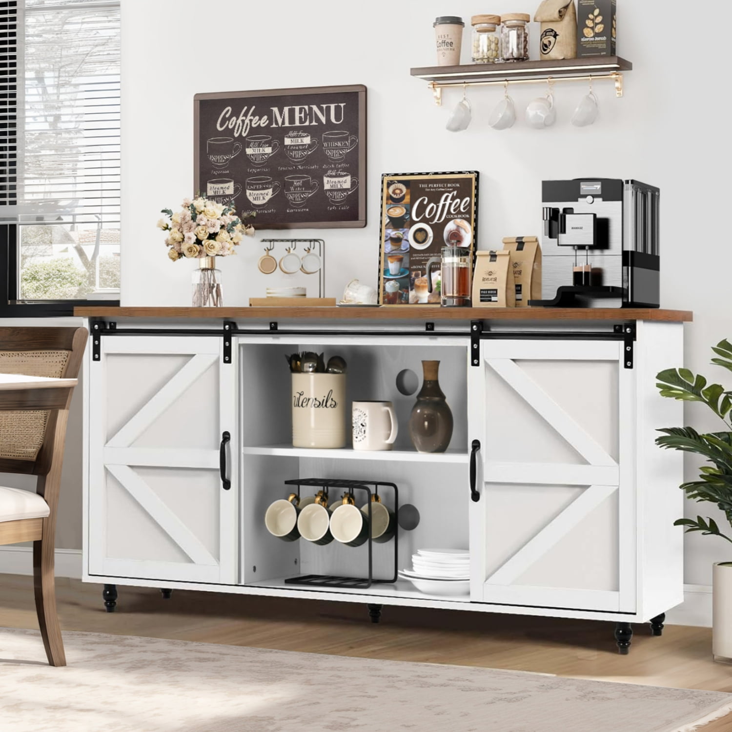 White Farmhouse Coffee Bar with Sliding Barn Door