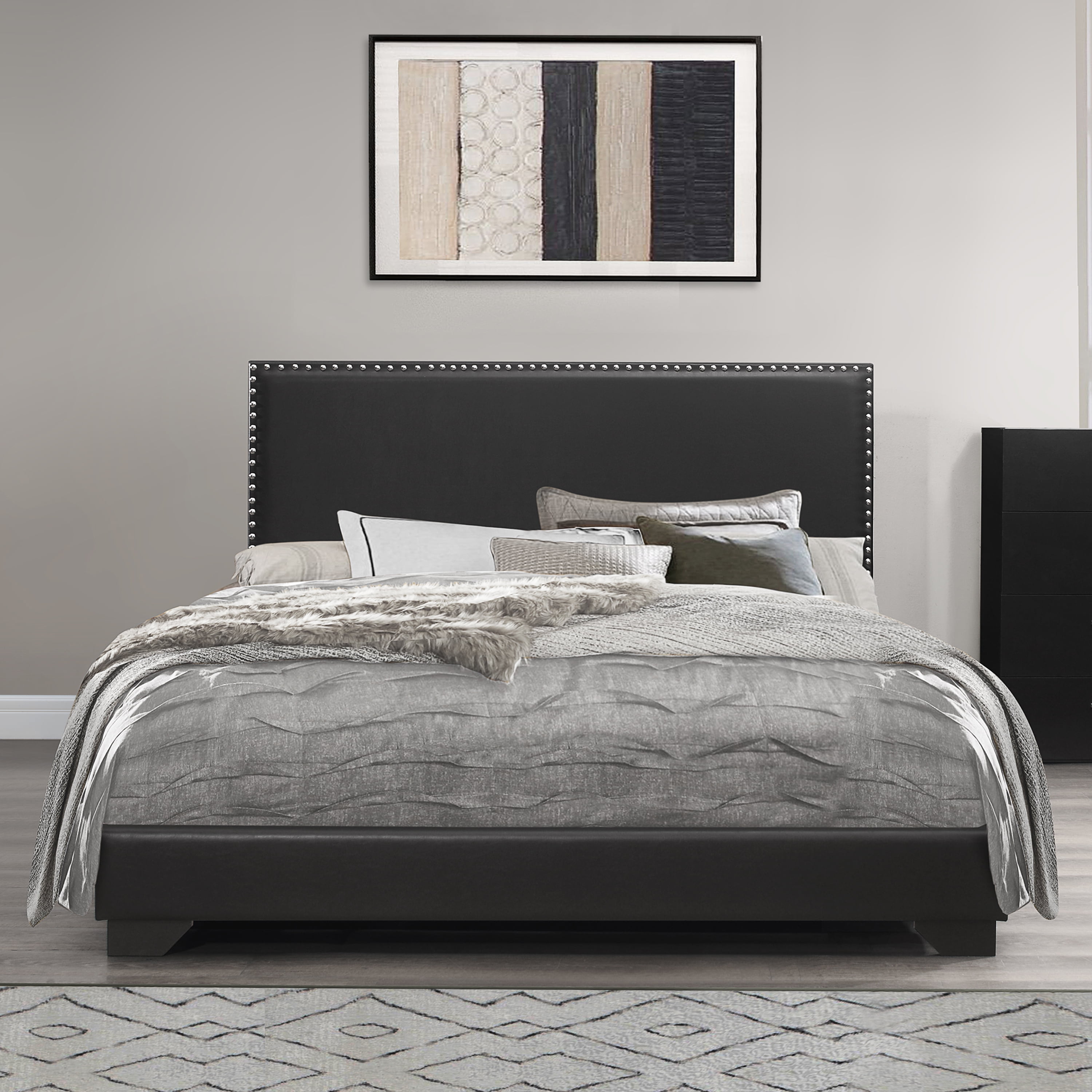 Black Faux Leather Upholstered Queen Bed with Nailhead Trim