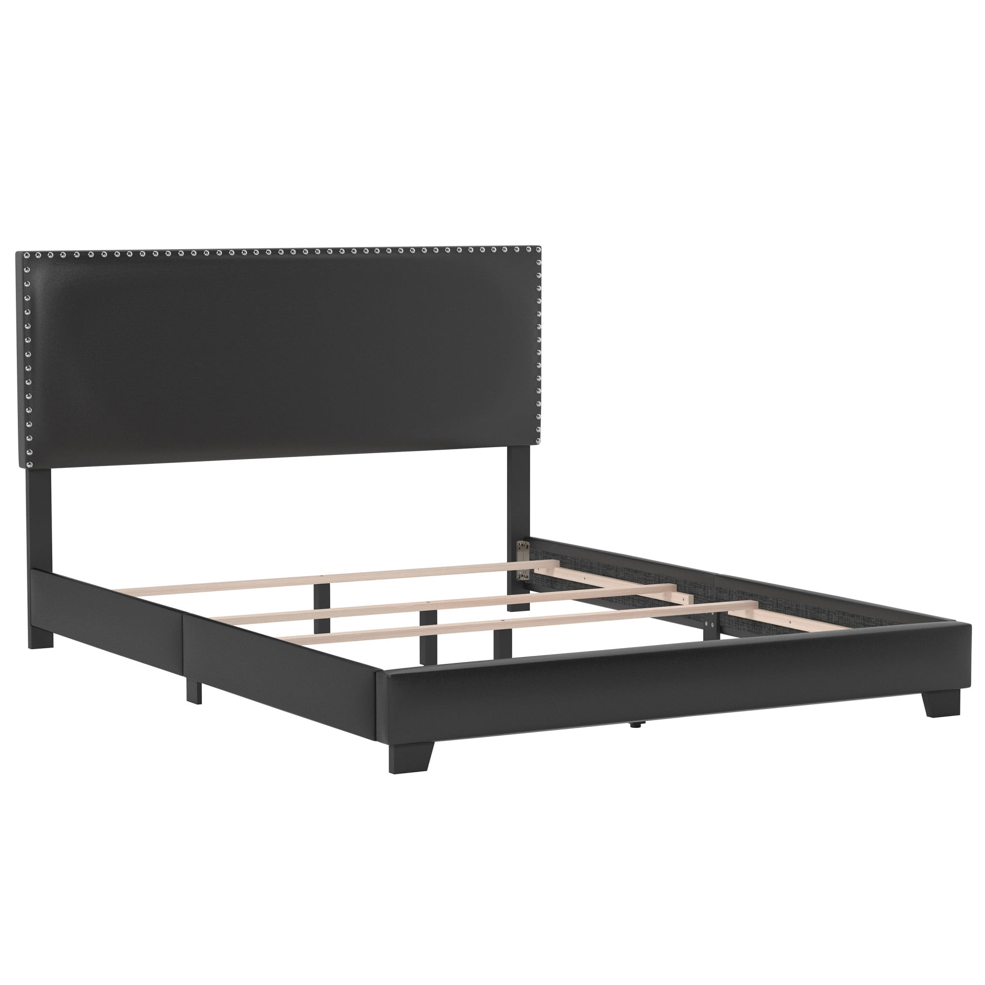 Black Faux Leather Upholstered Queen Bed with Nailhead Trim