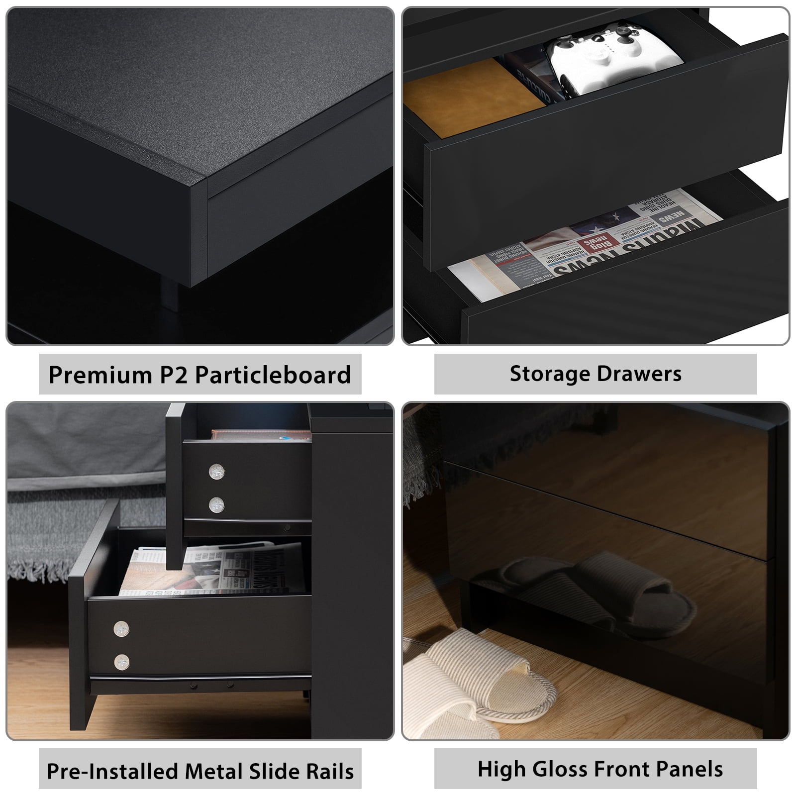 LED Bedside Table with Drawer - Black Gloss Finish