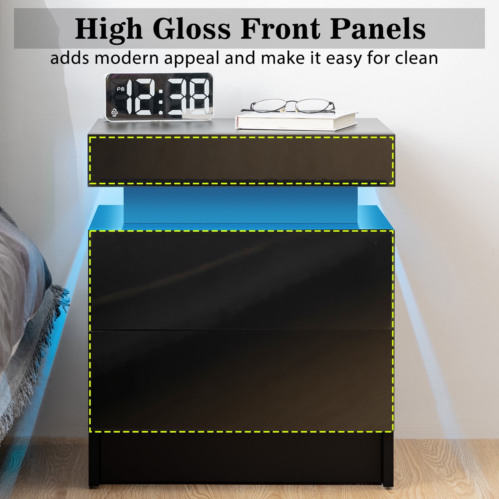 LED Bedside Table with Drawer - Black Gloss Finish