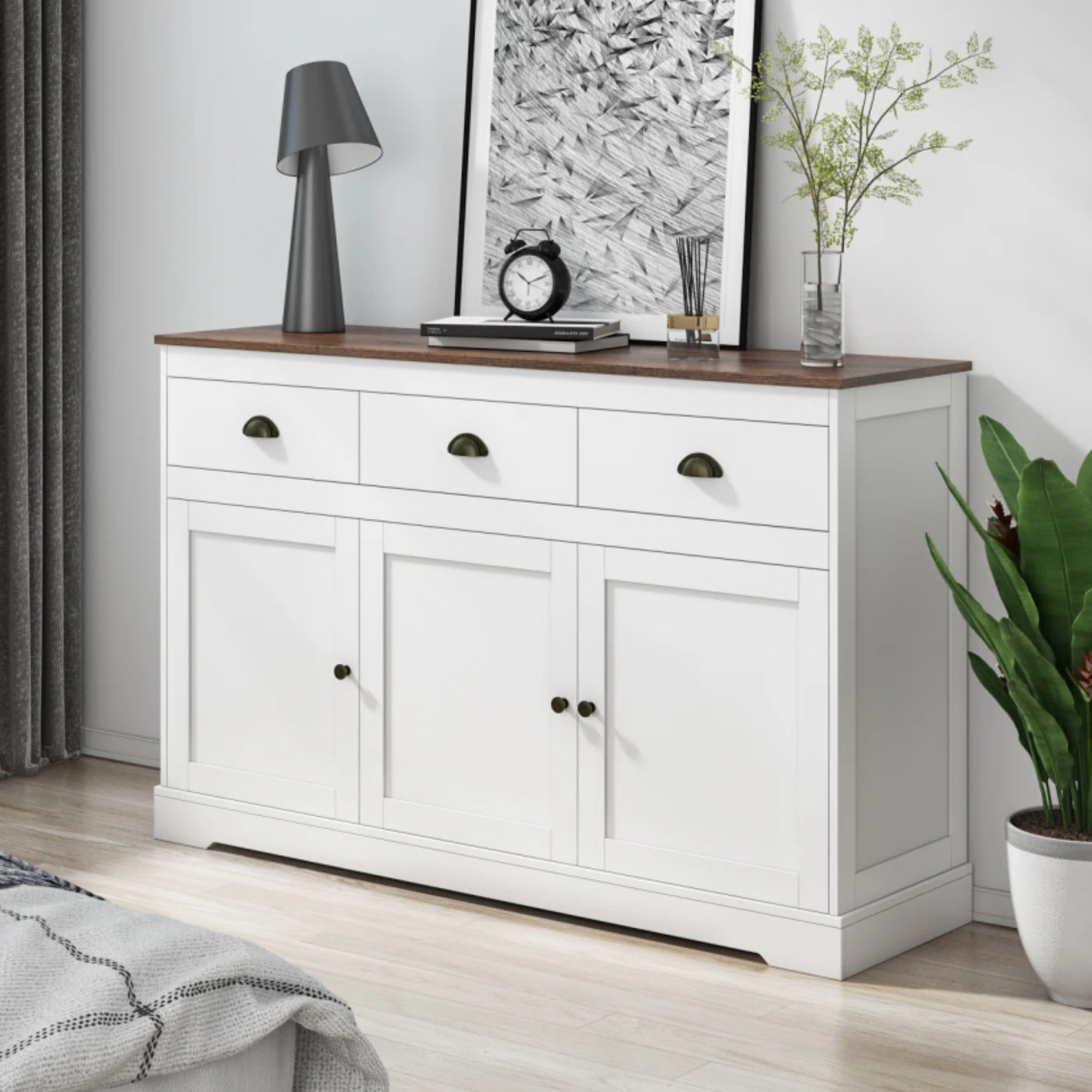 White Sideboard Cabinet with 3 Drawers & Doors