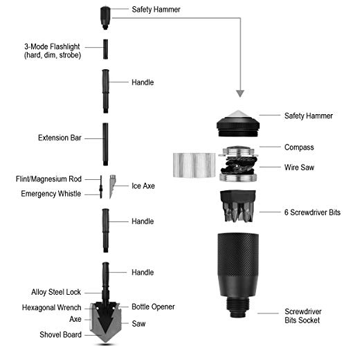 Yeacool 38" Folding Shovel with Pickaxe and Multitool