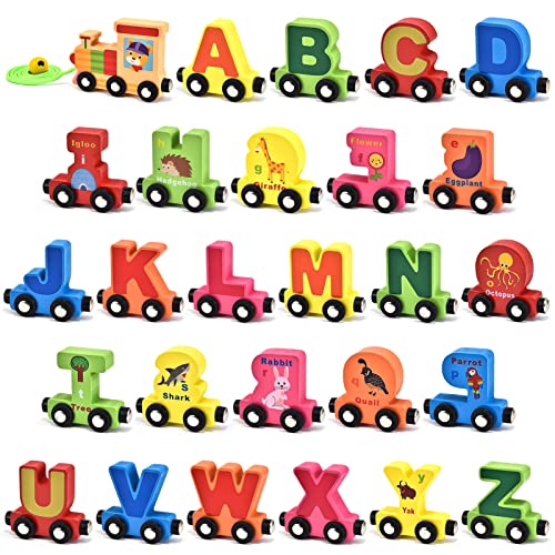 27-Piece Wooden Train Set with Magnetic Alphabet Animals