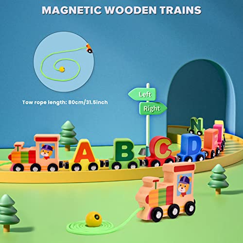 27-Piece Wooden Train Set with Magnetic Alphabet Animals