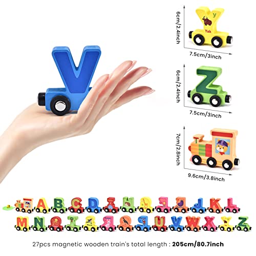 27-Piece Wooden Train Set with Magnetic Alphabet Animals